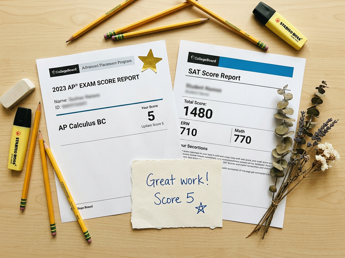 AP Score 5 and SAT 1480 score reports